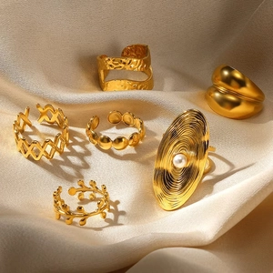 Vintage Stainless Steel Rings For Women Adjustable Open Rings With Faux Artificial Pearl Geometric Crumpled Texture Ins Style Jewelry