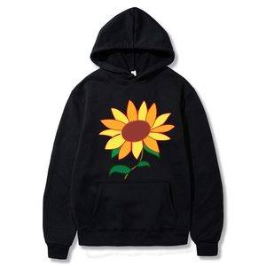 Black long sleeve hoodie featuring a vibrant sunflower print and kangaroo pocket