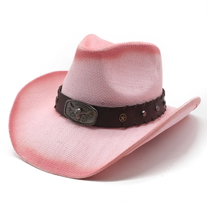Pink woven western cowboy straw hat with silver bull head and studded leather band