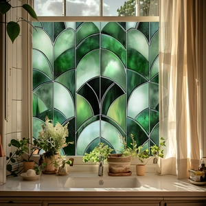 Close-up detail of green geometric stained glass window film in a bright interior scene.