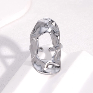 Macro detail of silver minimalist irregular open ring with hollow fluid aesthetic