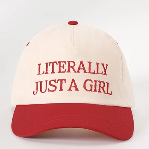 Two-tone cream and red baseball cap with Literally Just A Girl red embroidery