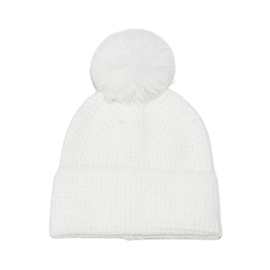 Classic white ribbed knit beanie hat featuring a large soft faux fur pom-pom on top