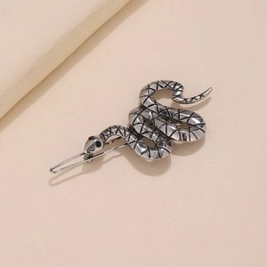 Antique silver alloy snake hair clip with textured details and black eye accents