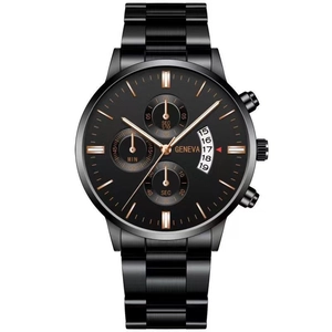 Detail of Geneva black metal watch face with rose gold accents and date window