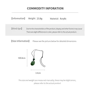Size chart showing acrylic teardrop pendant necklace dimensions and material details