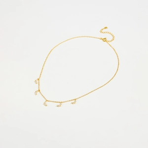 Detail of S925 silver gold chain necklace with five leaf-shaped sparkling zircons