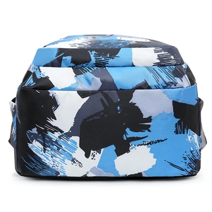 Three-piece school backpack set with abstract blue camo graffiti print and lunch bag
