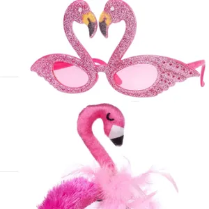 Pink flamingo party set including glitter glasses and feathered headband for Halloween events