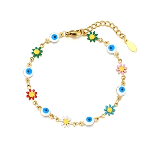 Golden stainless steel chain bracelet featuring colorful enamel evil eye and daisy charms