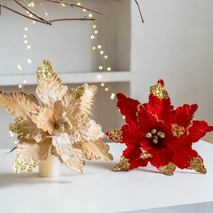 Artificial Poinsettia Flowers Christmas Tree Ornaments Glitter Velvet Fabric Sparkling Holiday Party Home Decoration