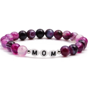 Purple Striped Agate Beaded Bracelet With Mom Mama Letter Beads For Mother Day Gift Elastic Jewelry