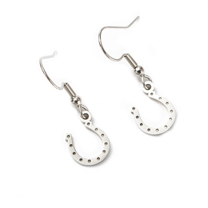 Polished silver stainless steel horseshoe earrings with ear hook design and hole accents