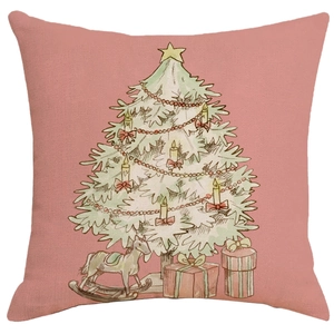 Pink Christmas pillowcase featuring a festive hand-drawn tree and rocking horse design