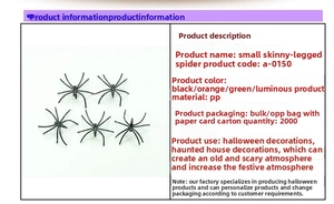 Detail shot of small black plastic spiders with thin legs for Halloween party decoration