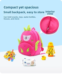 Pink dragon fruit plush backpack for toddlers showing internal storage space for snacks