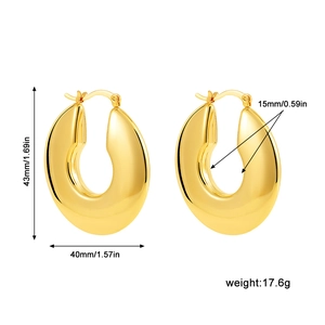 Detail view of large 18K gold chunky hoop earrings with precise size and weight measurements
