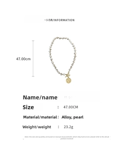 Detailed size specifications for portrait coin pearl necklace with T-bar clasp 47cm
