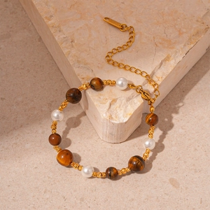 Bracelet Perlé Vintage En Oeil De Tigre Et Imitation Künstliche Perle Pour Femme Bijoux En Acier Inoxydable Plqué Or