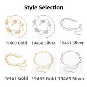 Detailed grid of geometric metal body chains in gold and silver finish, styles 19460 to 19465