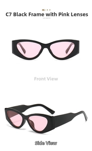 Retro thick frame cat eye sunglasses with black frame and light pink lenses C7 detail