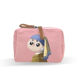 Bolsa de maquillaje rosa con bonito estampado artístico, mini estuche con cremallera y asa.