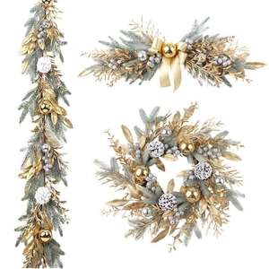 Golden Christmas wreath and garland set with ornaments for holiday home door decoration