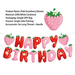 Strawberry Happy Birthday banner set made of 250G white cardstock with 5m string