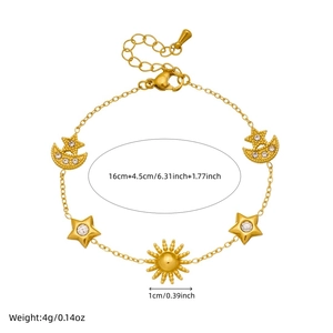 Gold stainless steel star moon bracelet with crystal inlay and sun pendant detailing