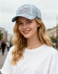 Outdoor shot of light blue baseball cap with lace texture and orange star patterns
