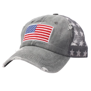 Vintage graue Baseballkappe mit USA-Flaggenstickerei und Stern-Mesh-Rückseite