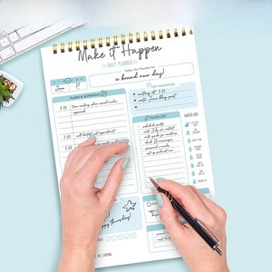 Detailed view of the A5 daily planner notebook with weekly schedule and time management pages.