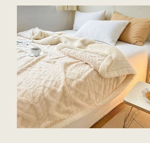 Close-up of thick cream fleece blanket with geometric texture and soft plush material