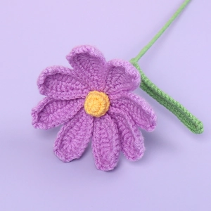 Handmade crochet purple cosmos flower bouquet with yellow center and green stem