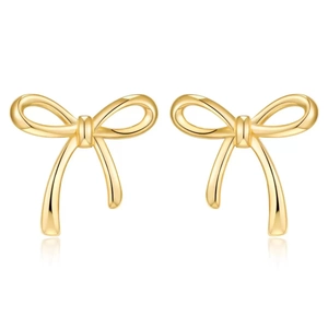 Elegant gold polished bow stud earrings displayed on a white background with soft reflections