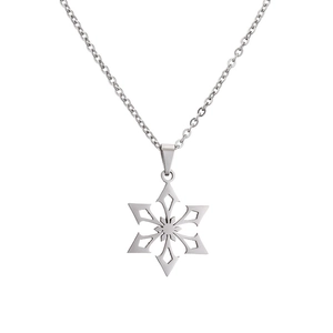 Polished stainless steel necklace featuring a geometric hollow snowflake pendant design
