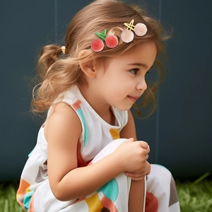 Close-up of cute plush cherry hair clips worn by a young girl on a green lawn