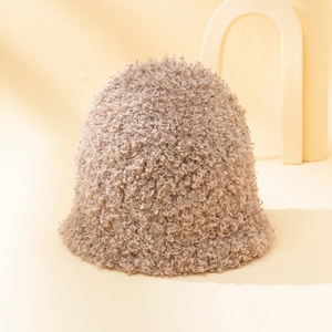 Retro warm teddy fleece bucket hat in solid brown color for autumn and winter outdoor use