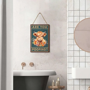 Rustic farm highland cow wooden sign with 'Are You Pooping' text for bathroom wall decor
