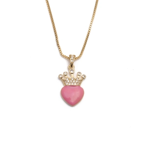 Collier avec pendentif couronne dorée, cristal de cœur rose et chaîne box
