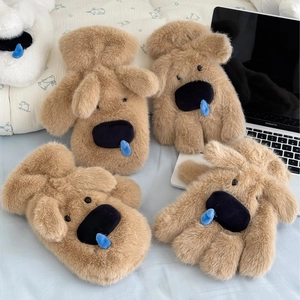Gants D'Hiver En Peluche Dessin Animé Chien Épais Chauds En Fausse Fourrure Moufles Avec Corde De Suspension Pour Cyclisme