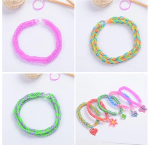 DIY loom band bracelet set featuring colorful rainbow patterns and cute assorted charms