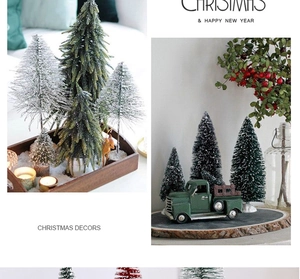 Close-up of mini Christmas trees with a vintage green truck model for table decoration