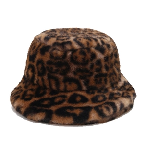 Plush leopard print faux fur bucket hat for winter featuring high-density fuzzy fabric