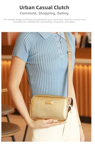 Detail of golden chevron quilted camera bag with adjustable beige fabric shoulder strap