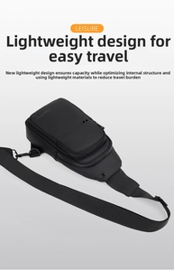 Detailed view of lightweight black crossbody bag featuring durable zippers and adjustable strap