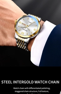 Detailed shot of MOLDOA business watch with dual-date display and steel band