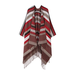 Ethnic bohemian geometric knit shawl with red and brown patterns and tassels