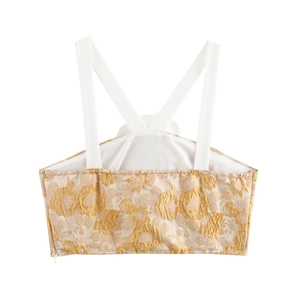 Rückansicht des goldenen Jacquard-Crop-Tops mit 3D-Blumenstruktur und weißen Trägern