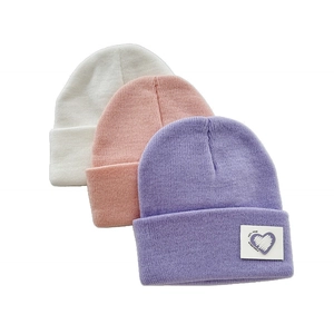 Kids Knitted Beanie Hat Acrylic Warm Winter Cuffed Cap Heart Label Decorative Casual For Children Toddlers